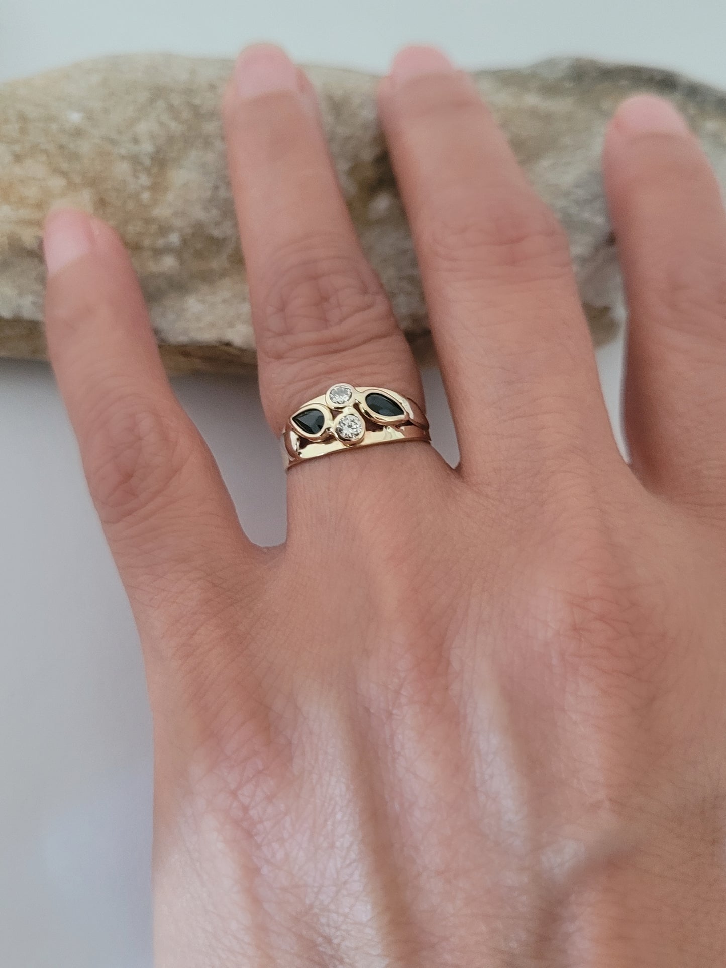 14K Yellow Gold Sapphires and CZ Ring Size 5, Solid Gold - Made in Italy