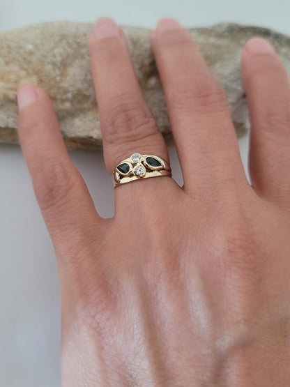 14K Yellow Gold Sapphires and CZ Ring Size 5, Solid Gold - Made in Italy