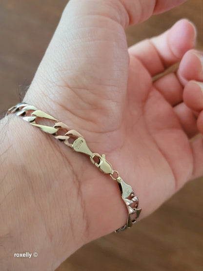 Vintage 10K Solid Gold Multi-Tone Figaro Link Bracelet, Made In Mexico