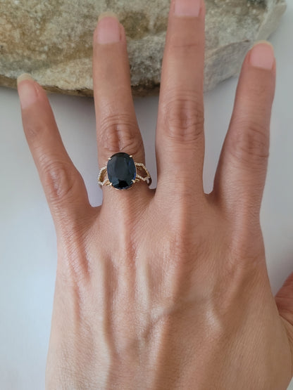14K Yellow Gold Blue Sapphire and Diamonds Ring Size 6.75, Solid Gold