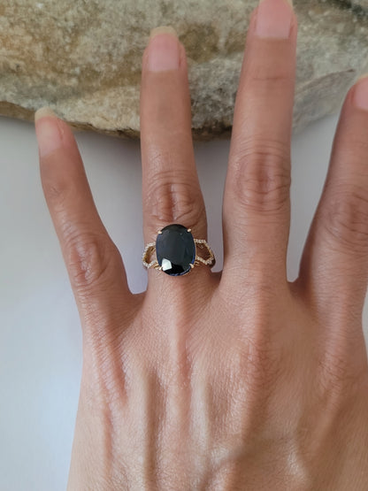 14K Yellow Gold Blue Sapphire and Diamonds Ring Size 6.75, Solid Gold