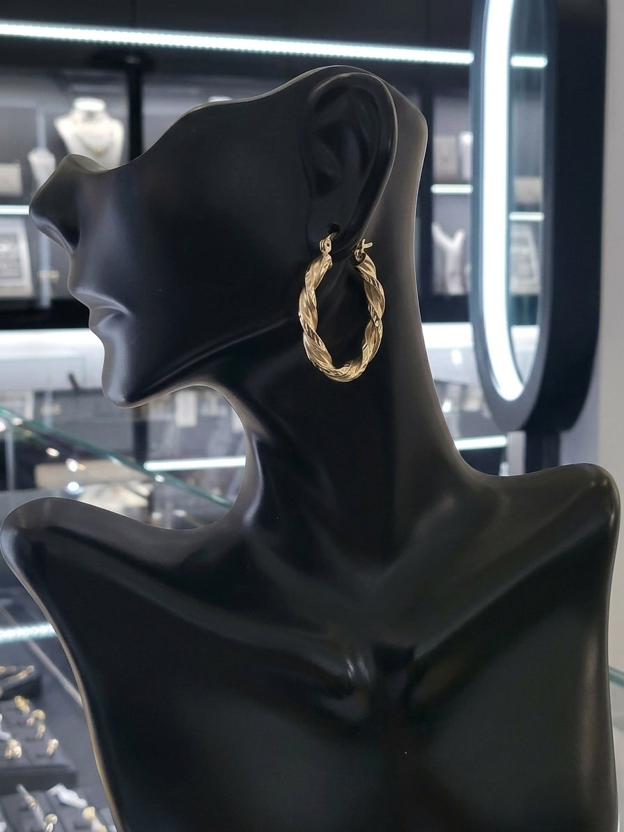 14K Yellow Gold Diamond-Cut Twisted Hoop Earrings, Satin Finish Solid Gold