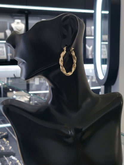 14K Yellow Gold Diamond-Cut Twisted Hoop Earrings, Satin Finish Solid Gold