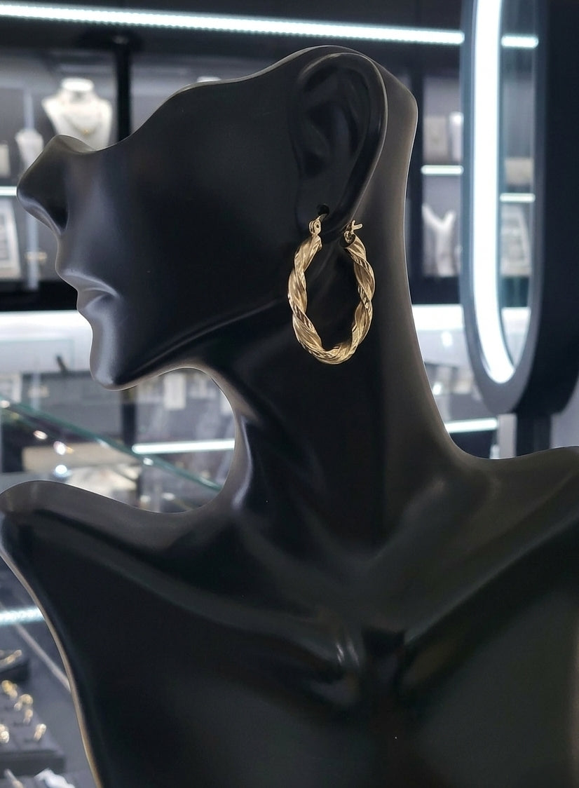 14K Yellow Gold Diamond-Cut Twisted Hoop Earrings, Satin Finish Solid Gold
