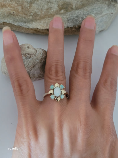 14K Yellow Gold Flower-Shaped Opal Ring Size 8, Solid Gold