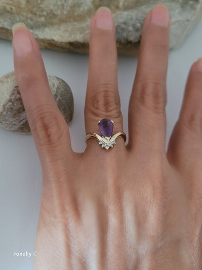 14K Yellow Gold Amethyst and Diamonds Ring Size 6.25 - Solid Gold!