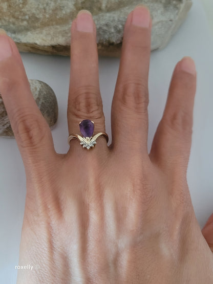 14K Yellow Gold Amethyst and Diamonds Ring Size 6.25 - Solid Gold!