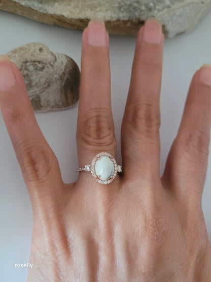 14K Rose Gold White Buffalo Turquoise and Diamond Halo Ring Size 6.25, Solid Gold!