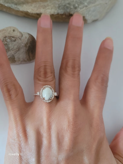 14K Rose Gold White Buffalo Turquoise and Diamond Halo Ring Size 6.25, Solid Gold!