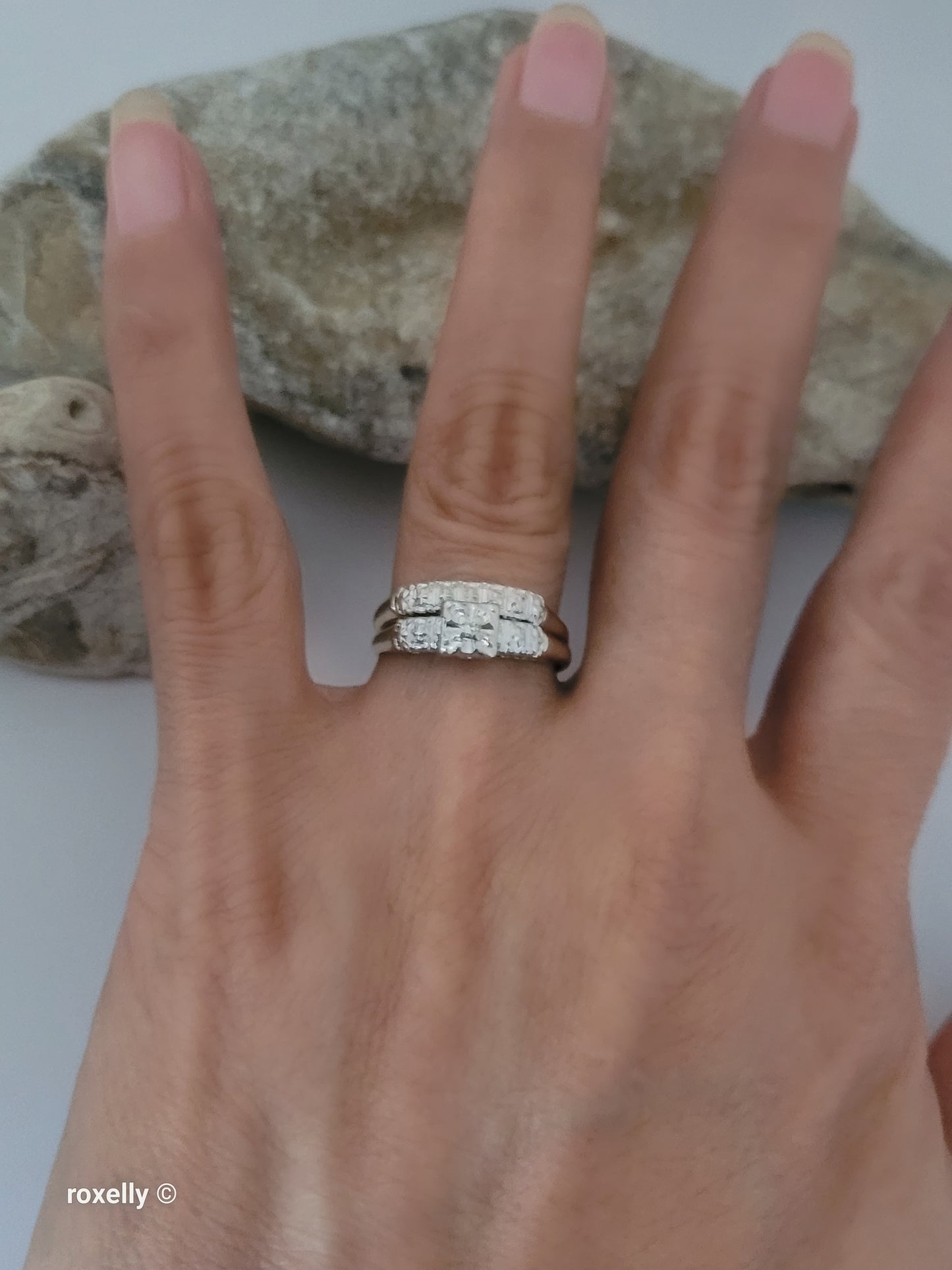 Vintage 14K White Gold Art-Deco Diamonds Two Rings Joined Size 8