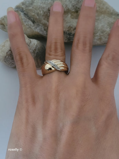 14K Yellow Gold Genuine Diamond Crossover Ribbed Dome Ring Size 8.75!