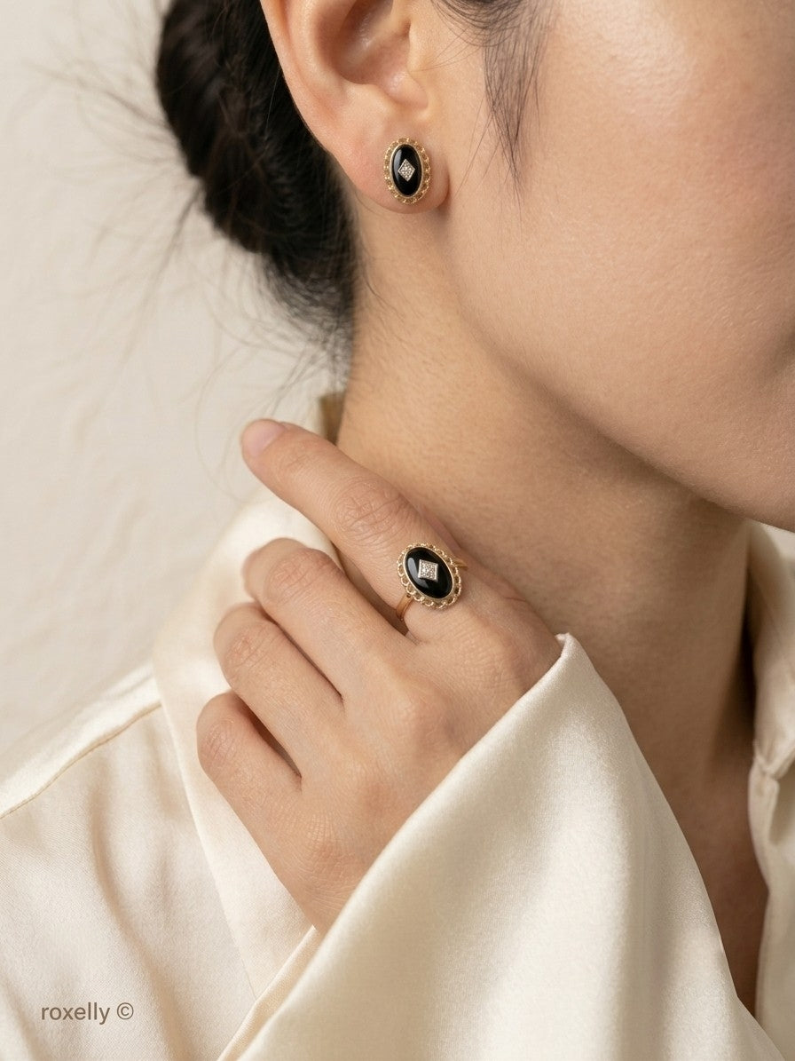 10K Yellow Gold Onyx and Diamond Art Deco Ring Size 7, and Earrings