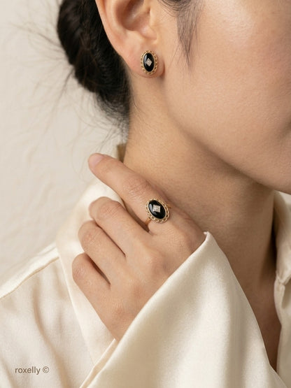 10K Yellow Gold Onyx and Diamond Art Deco Ring Size 7, and Earrings