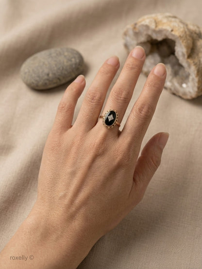 10K Yellow Gold Onyx and Diamond Art Deco Ring Size 7, and Earrings