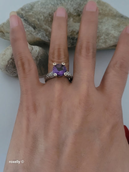 14K Yellow Gold Amethyst and Genuine Diamond Ring Size 8.75 - Solid Gold!