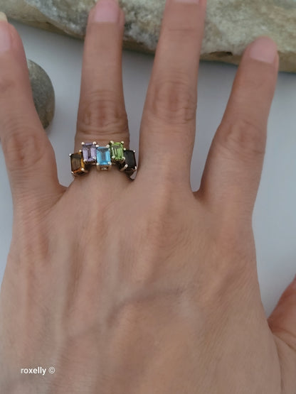 10K Yellow Gold Multi-Gemstone Cocktail Ring Size 5.75 -Solid Gold!