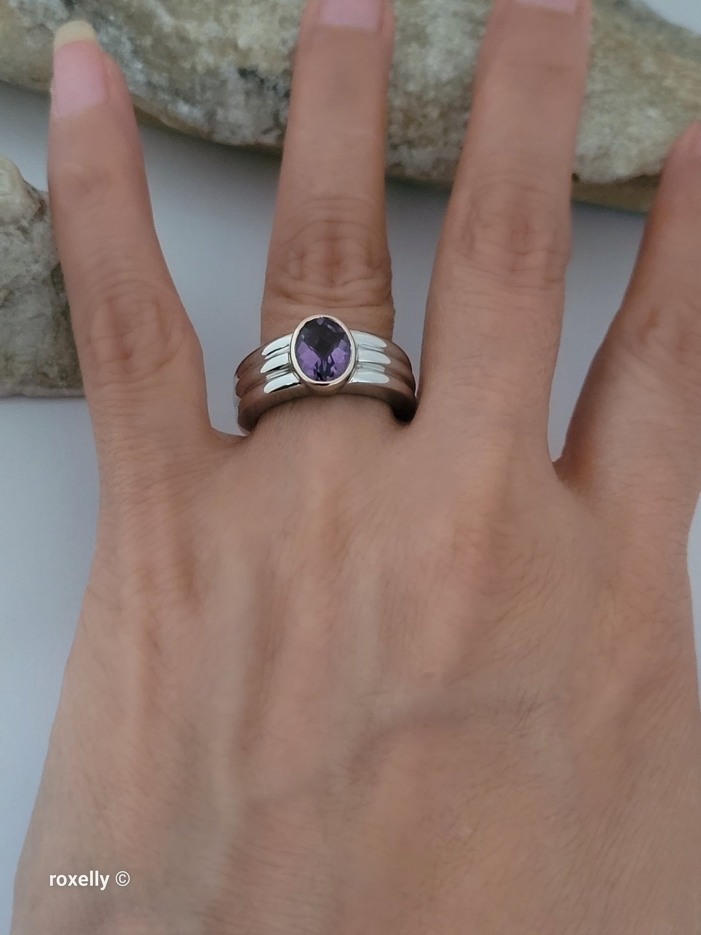 Sterling Silver and 14K Yellow Gold Amethyst Ribbed Band Ring Size 7
