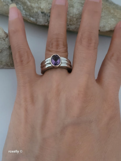 Sterling Silver and 14K Yellow Gold Amethyst Ribbed Band Ring Size 7