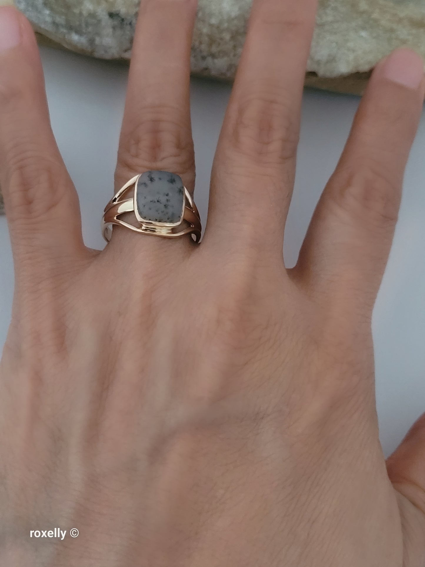 14K Rose Gold Cushion Cabochon Dendritic Agate Split Shank Cocktail Ring Size 9.25, Solid Gold!