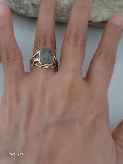 14K Rose Gold Cushion Cabochon Dendritic Agate Split Shank Cocktail Ring Size 9.25, Solid Gold!