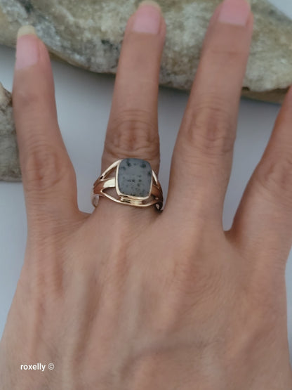 14K Rose Gold Cushion Cabochon Dendritic Agate Split Shank Cocktail Ring Size 9.25, Solid Gold!