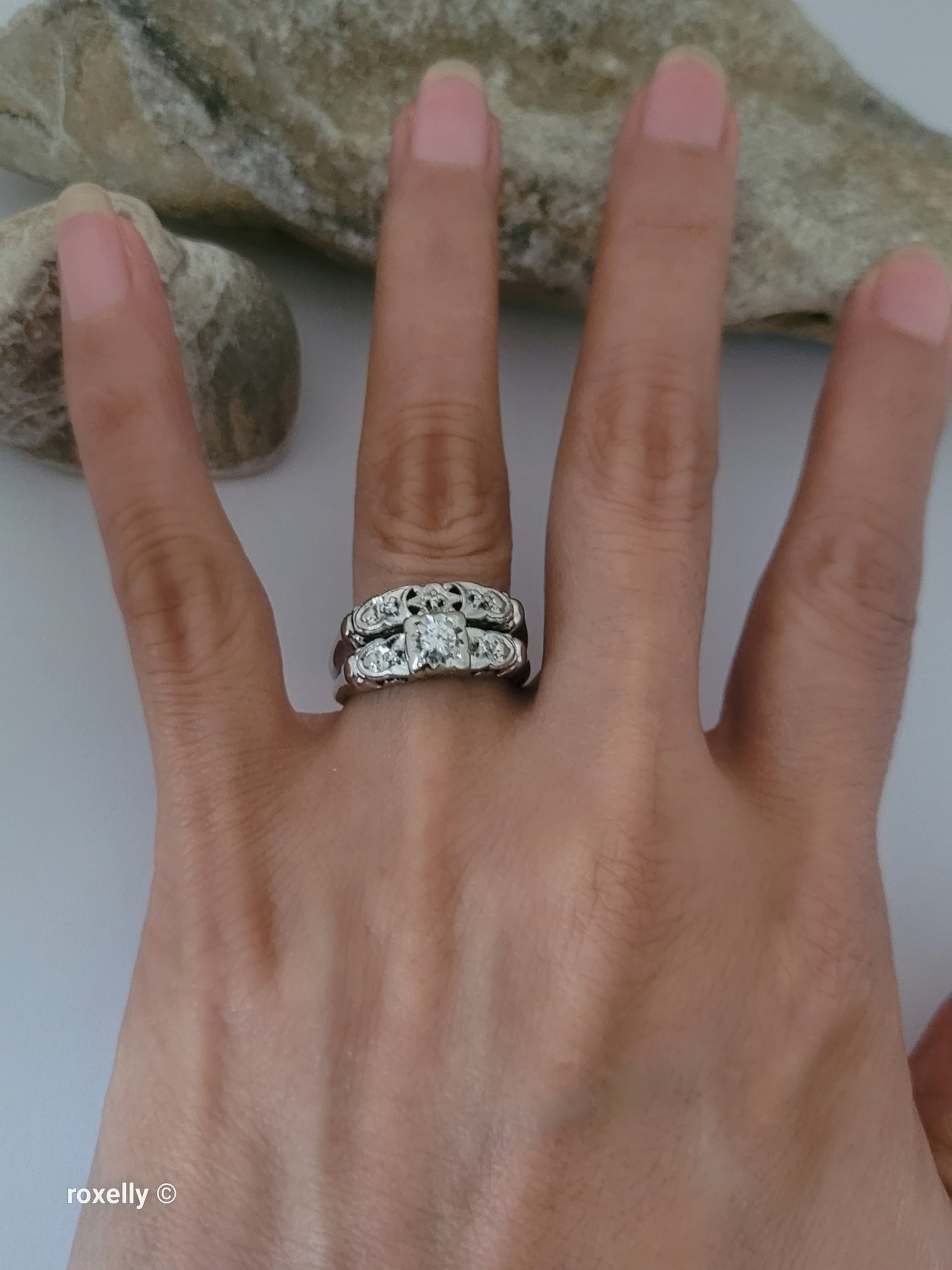 Vintage 14K Yellow Gold Genuine Diamonds Art Deco 2 Ring Set Size 6.75