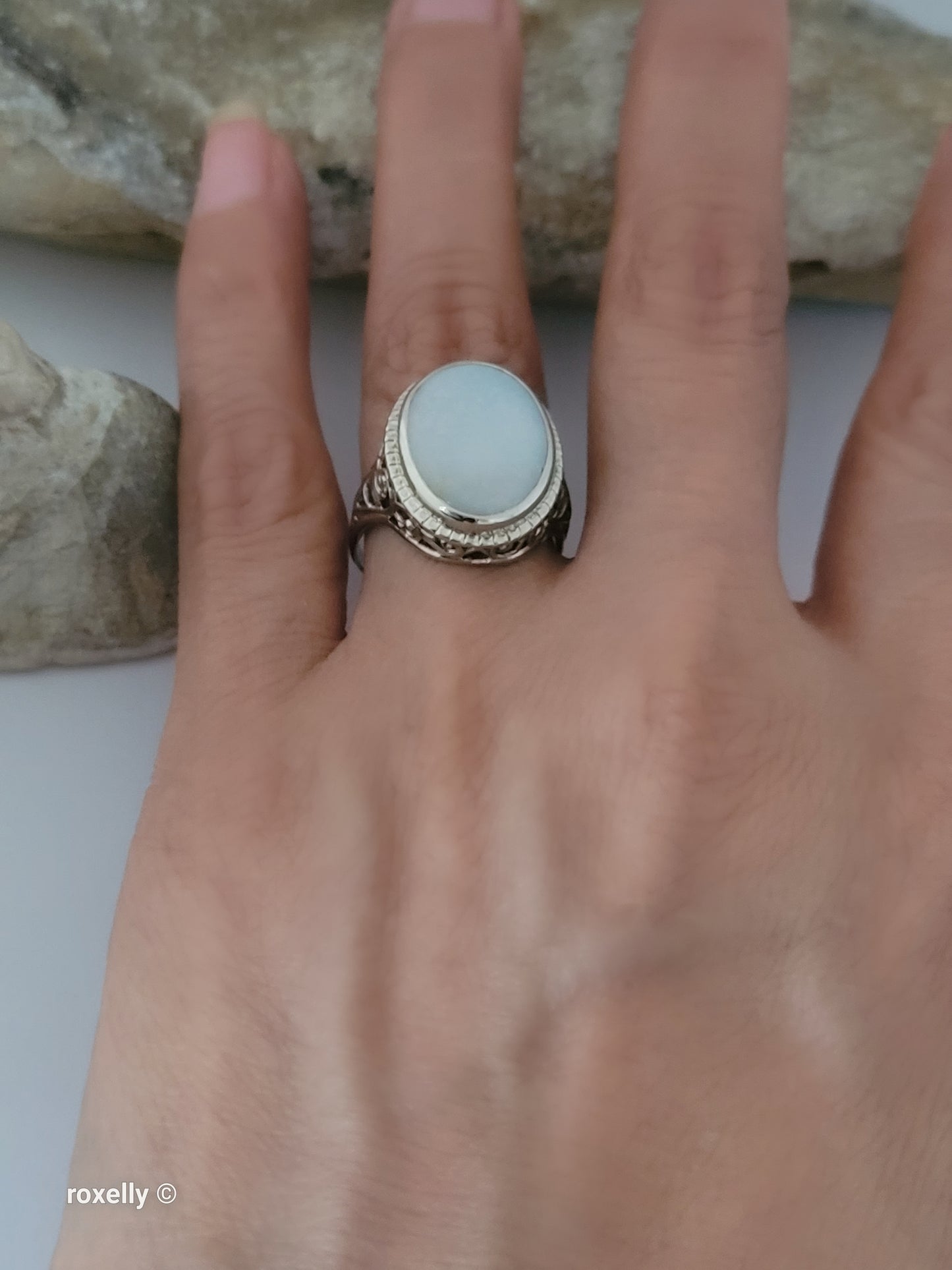 Vintage 14K White Gold Opal Art-Deco Ring Size 7.25 - Solid Gold
