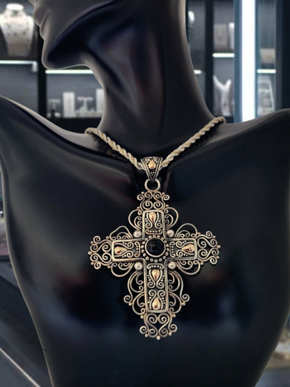 Vintage 925 Sterling Silver and 18K Yellow Gold Black Onyx Filigree Cross Pendant