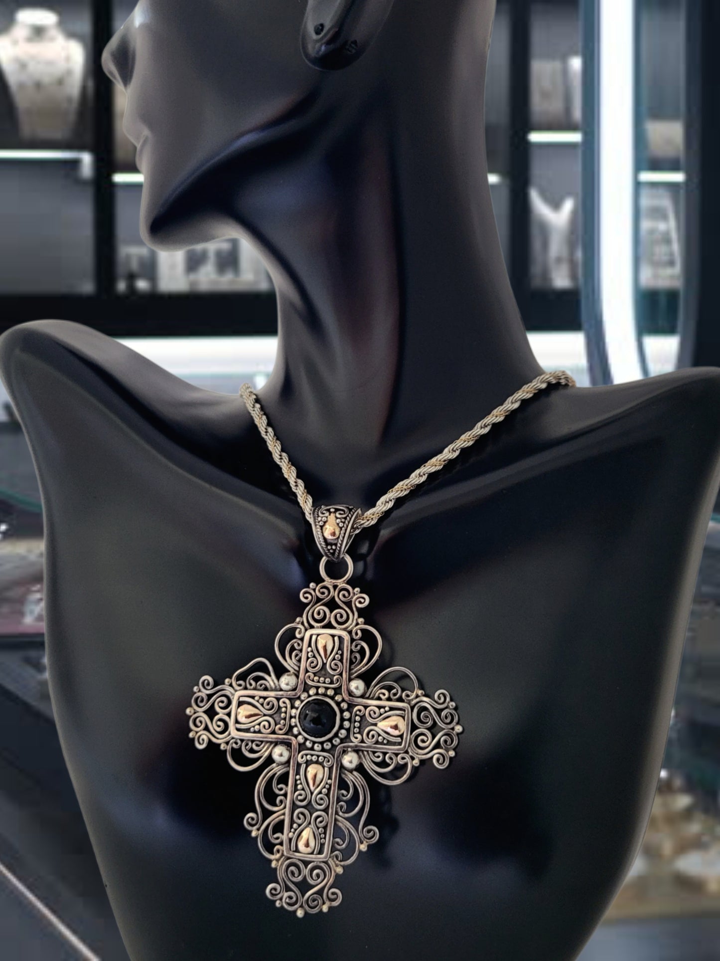 Vintage 925 Sterling Silver and 18K Yellow Gold Black Onyx Filigree Cross Pendant