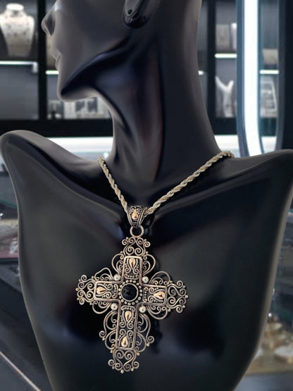 Vintage 925 Sterling Silver and 18K Yellow Gold Black Onyx Filigree Cross Pendant