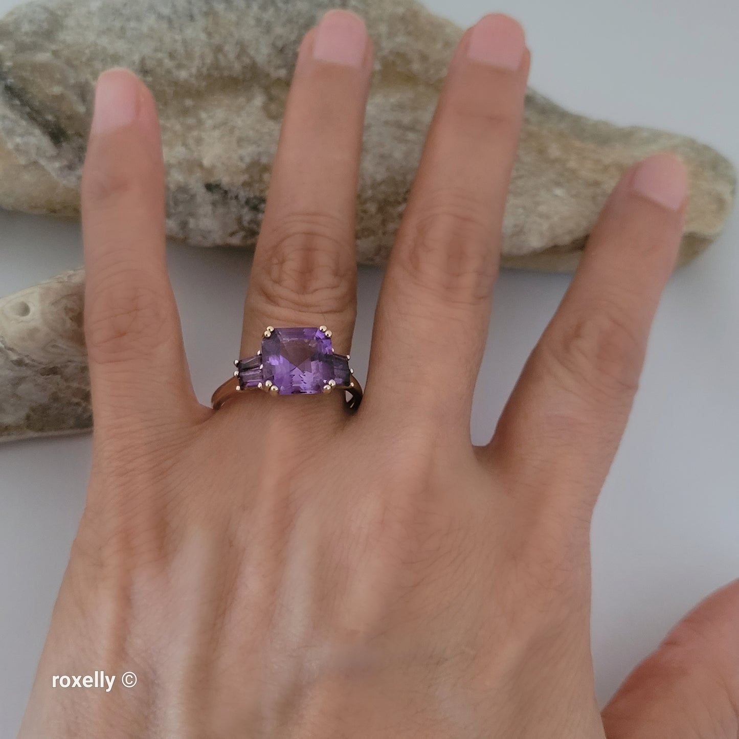 14K Yellow Gold Purple Amethyst Cocktail Ring Size 11 - Solid Gold