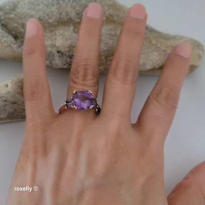 14K Yellow Gold Purple Amethyst Cocktail Ring Size 11 - Solid Gold