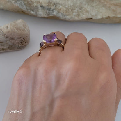14K Yellow Gold Purple Amethyst Cocktail Ring Size 11 - Solid Gold
