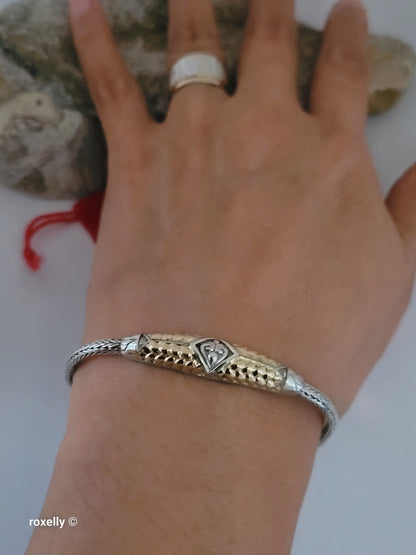 925 Sterling Silver & 18K Yellow Gold Balinese Woven Wheat Chain Bracelet, Made in Indonesia!