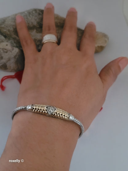 925 Sterling Silver & 18K Yellow Gold Balinese Woven Wheat Chain Bracelet, Made in Indonesia!