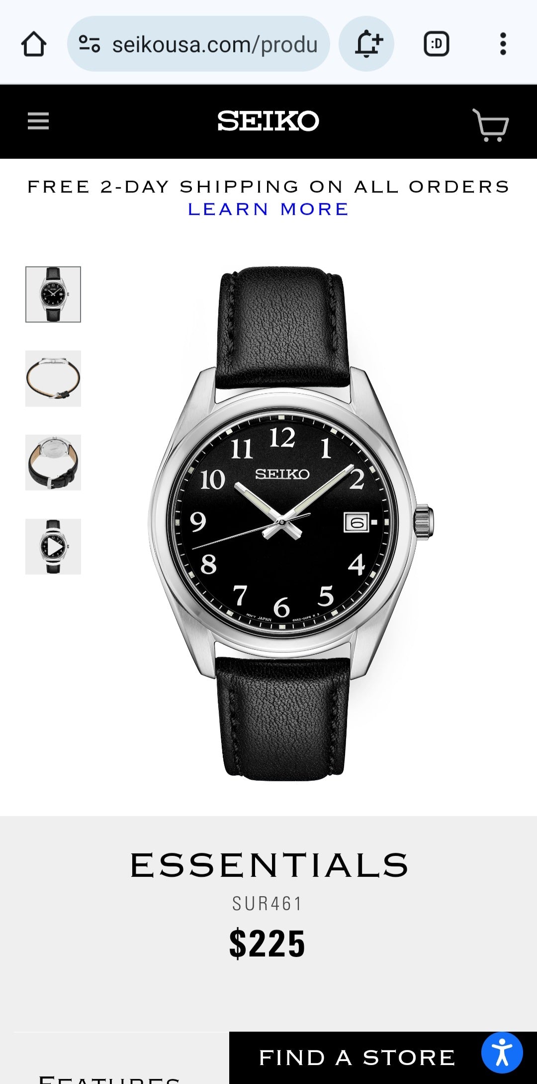 $225, Seiko 40.2mm Sapphire crystal, bold Arabic numerals on a rich black dial