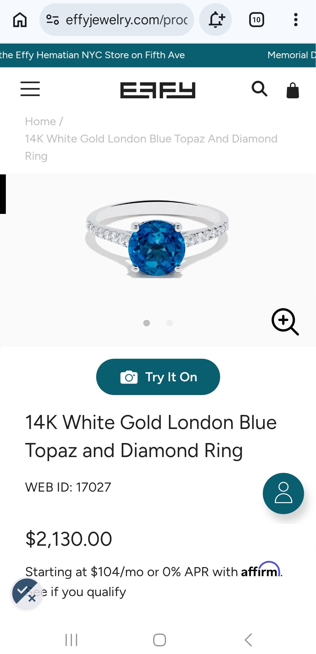 EFFY 14K White Gold London Blue Topaz & Diamond Ring Size 8.25 - Like New