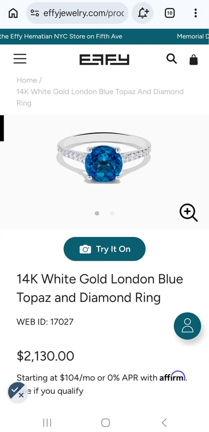 EFFY 14K White Gold London Blue Topaz & Diamond Ring Size 8.25 - Like New