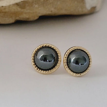 14K Yellow Gold Natural Hematite Stud Earrings Vintage Half Dome Cabochon Classic Design