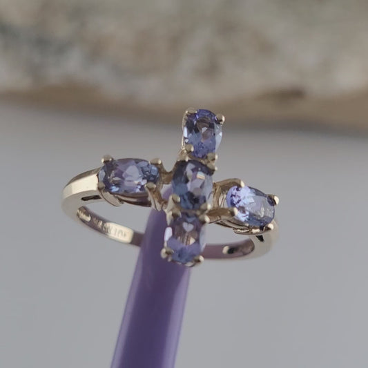 10K Yellow Gold Cross-Shaped Tanzanite Gemstone Ring Size 4.75 - Solid Gold