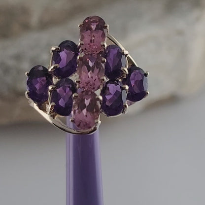 ❤️10K Yellow Gold Amethyst and  Pink Tourmaline Ring Size 5.5 Solid Gold