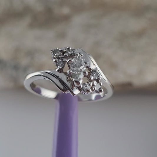 14K White Gold Genuine Diamonds Bypass Ring Size 6.25 - Solid Gold