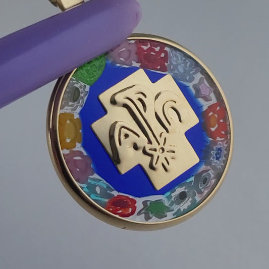 18K Solid Yellow Gold Italian Millefiori Glass Cross Small Pendant – Colorful Vintage Design