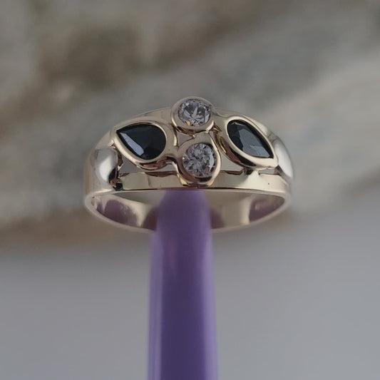 14K Yellow Gold Sapphires and CZ Ring Size 5, Solid Gold - Made in Italy