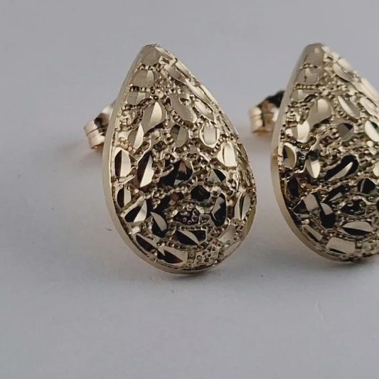 14K Solid Yellow Gold Nugget Teardrop Stud Earrings, 18.3mm Beautiful!