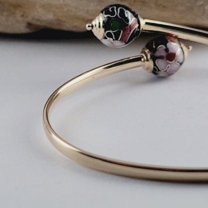 14K Yellow Gold Cloisonne Enamel Floral Bangle Bracelet, Solid Gold!