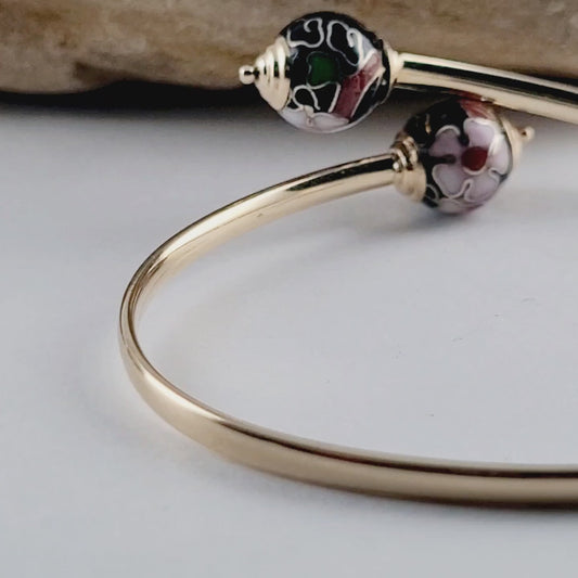 14K Yellow Gold Cloisonne Enamel Floral Bangle Bracelet, Solid Gold!