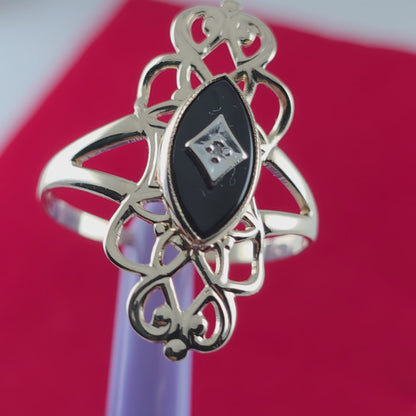10K Yellow Gold Onyx and Diamond Art-Deco Ring Size 8.25, Solid Gold!