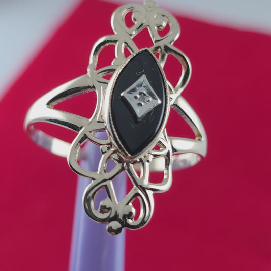 10K Yellow Gold Onyx and Diamond Art-Deco Ring Size 8.25, Solid Gold!