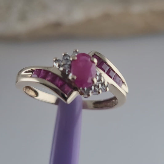10K Yellow Gold Ruby and Genuine Diamond Bypass Ring Size 7 - Solid Gold